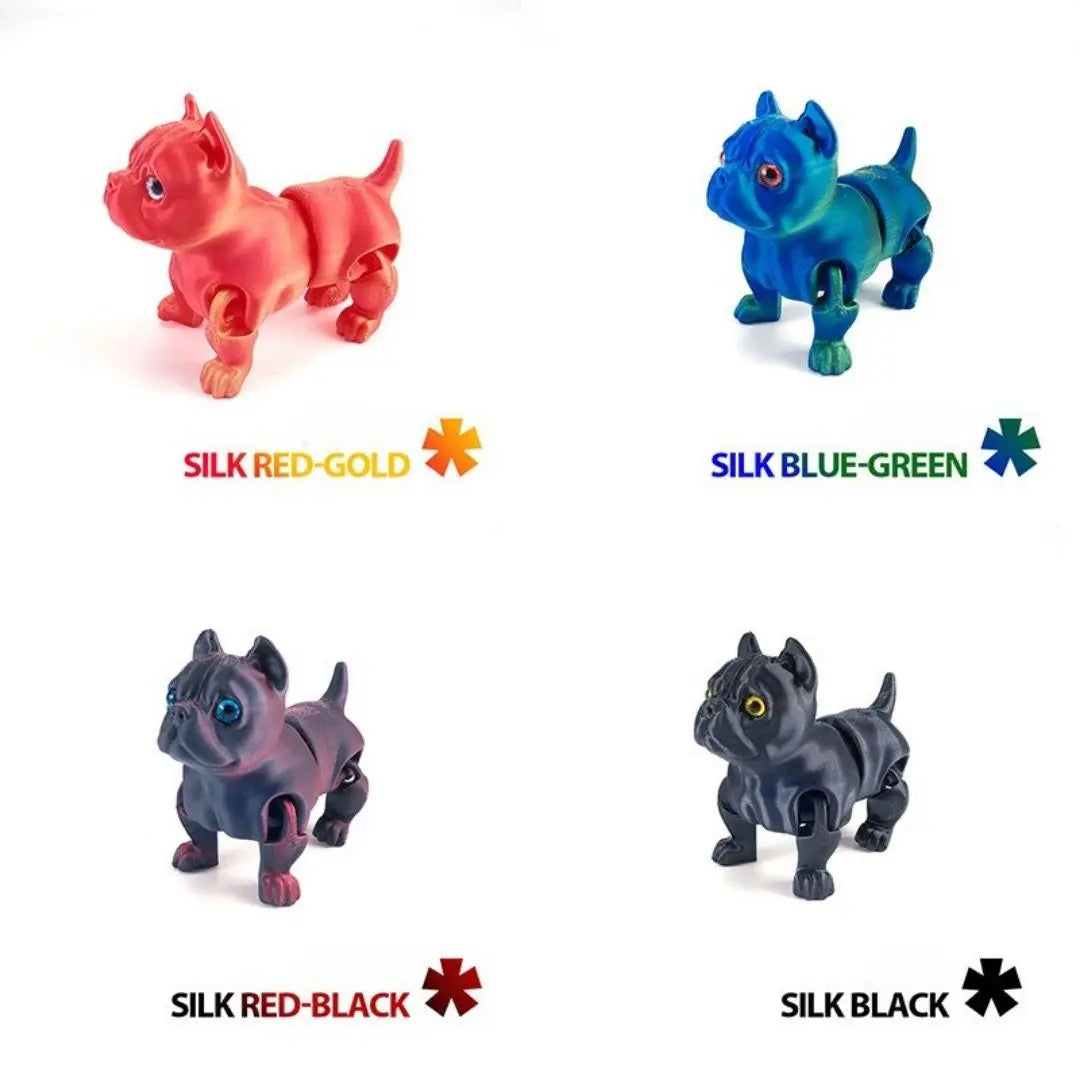 DAWBAW collection of silk 3D printed bulldog keychains in red-gold, blue-green, red-black, and black, each featuring articulated joints