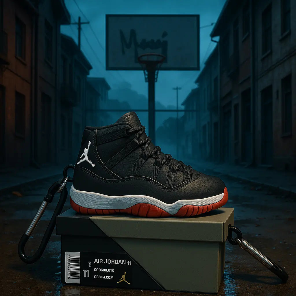 AI-generated image of the Dawbaw Sneaker Snap AirPods case designed like a black and red sneaker, placed on a shoebox with a carabiner clip, set in a moody urban street basketball court background.