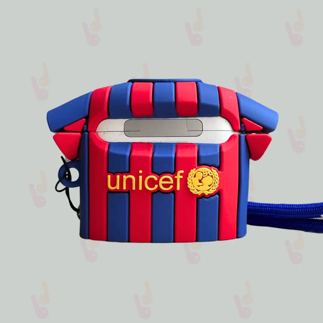 Back view of Messi-themed AirPods case in red and blue stripes with UNICEF logo, case lid closed.