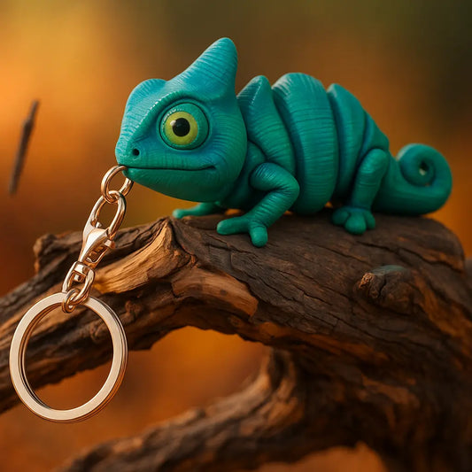 AI-generated 3D chameleon keychain in vibrant blue, showcasing detailed features.