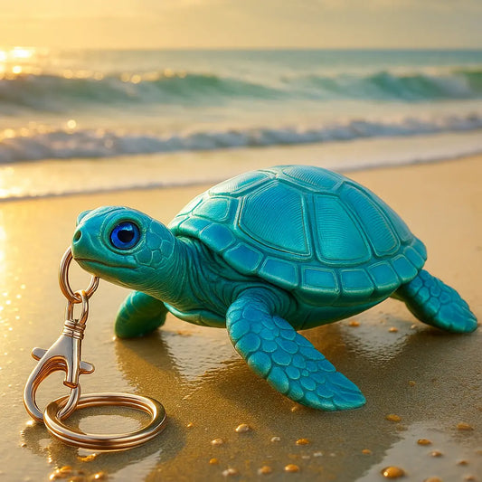 Blue and green 3D printed turtle keychain on a beach, with a detailed textured shell and gold keyring, set against a scenic ocean backdrop