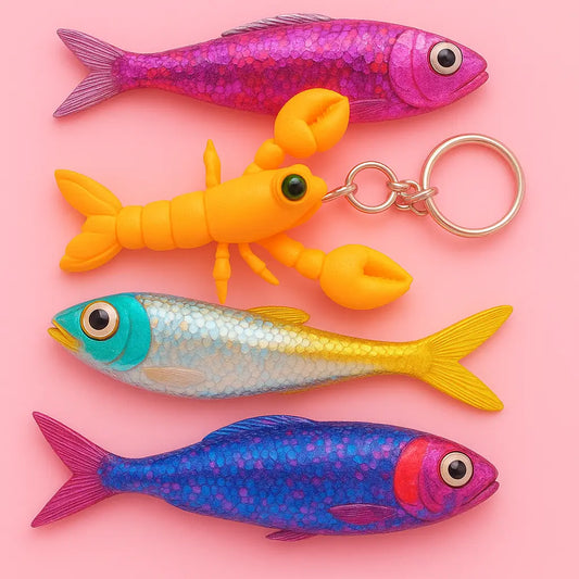 Articulated yellow lobster keychain with detailed claws, featured in front of colorful fish keychains on a pink background