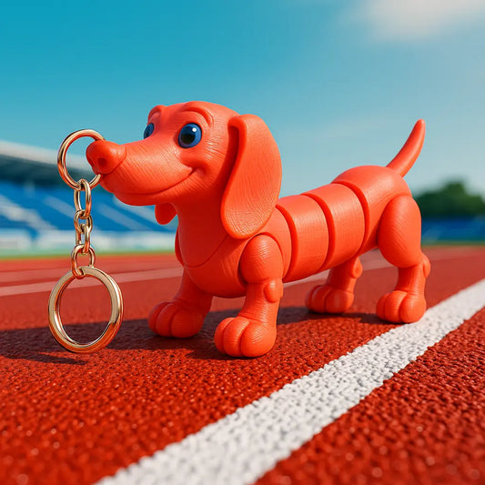Red dog 3D printed keychain on a track, featuring a cute and unique design for dog lovers.